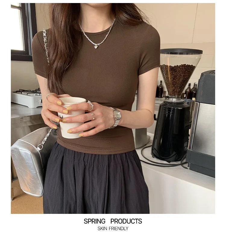 Crop Top Basique Uni Femme – Manches Courtes Col Rond Ajusté | Style Y2K Vintage Harajuku Streetwear