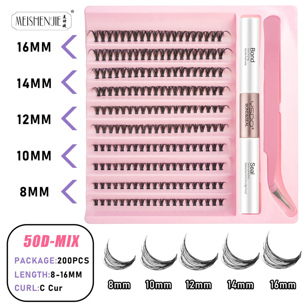 Kit Extension Cils DIY 160-200 Pcs – Cils Individuels Cluster avec Colle & Scellant | Faux Cils Maquillage