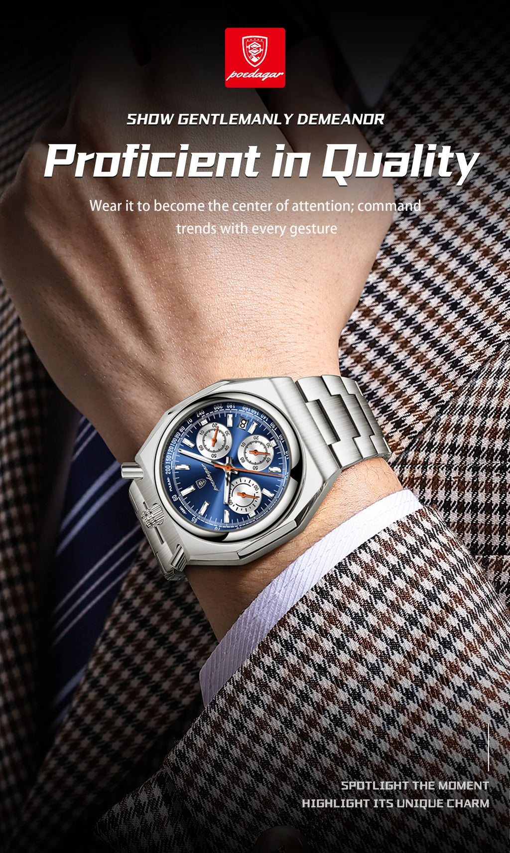 Montre Homme Luxe POEDAGAR Chronographe Militaire Acier Inoxydable Lumineux Étanche + Boîte