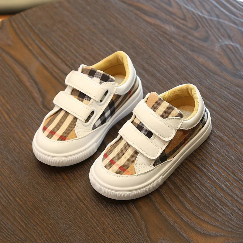 Baskets Enfant Style Coréen Carreaux Blanc – Sneakers Cuir PU Casual Unisexe 3-8 Ans