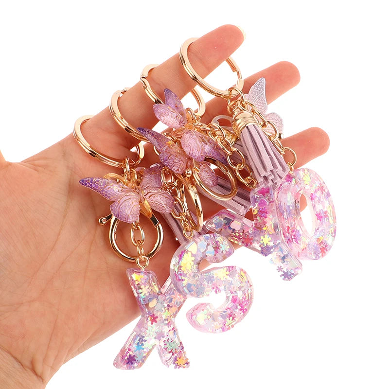 Porte-Clés Lettre Initiale Sequins Femme – Pendentif Papillon Pompon Sac Voiture Bijou