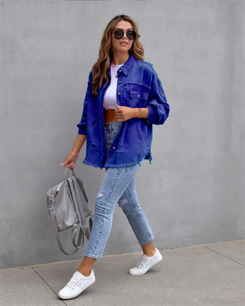 Veste en Jean Femme Bords Bruts Troués – Style Chemise Casual | Printemps Automne Tendance 2025