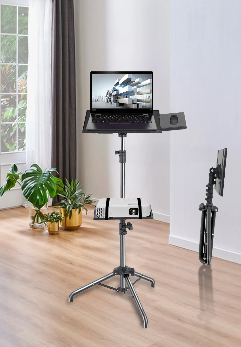 Trépied Projecteur & Laptop SH – Hauteur Réglable 58-160cm | Bureau Debout Extérieur Studio