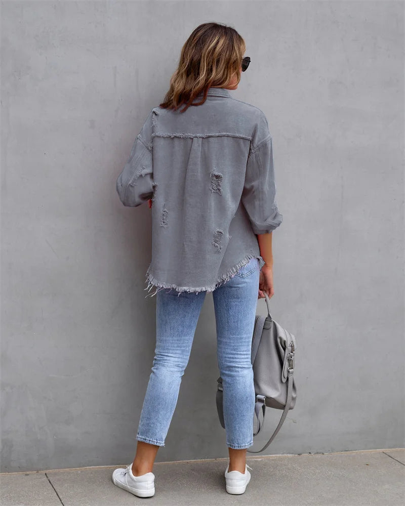Veste en Jean Femme Bords Bruts Troués – Style Chemise Casual | Printemps Automne Tendance 2025