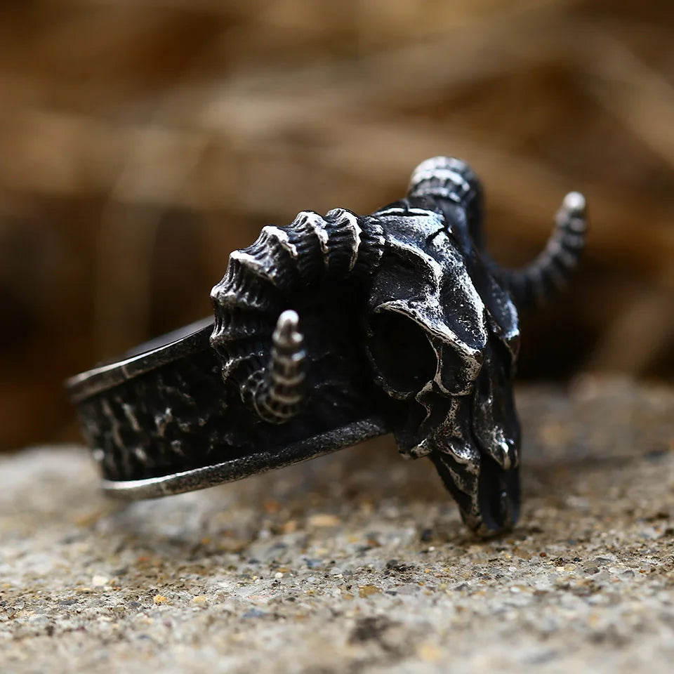 Bague Viking Tête de Bélier Acier Inoxydable 316L — Bijou Homme Vintage Ajustable
