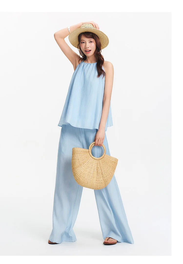 Ensemble 2 Pièces Femme Lin Pantalon Large Nœud Bretelles – Tenue Été Vacances Légère | Semir 2025