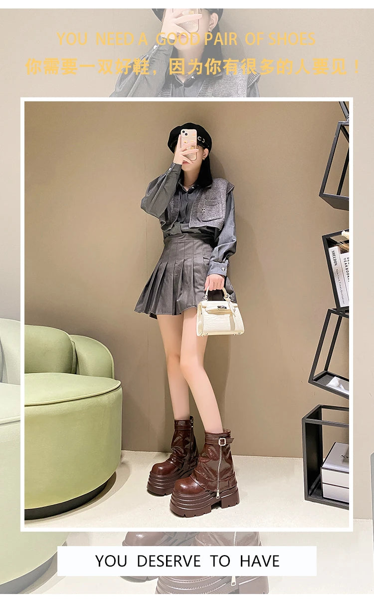 Bottines Cuir Femme 10CM Chunky Platform – Combat Boots Punk Moto Non-Slip Automne Hiver