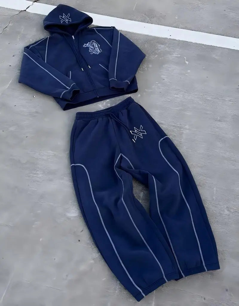 Ensemble 2 Pièces Y2K Américain Unisexe – Sweat Capuche Zip Oversize Broderie Hip Hop + Jogging Casual Homme & Femme | Streetwear