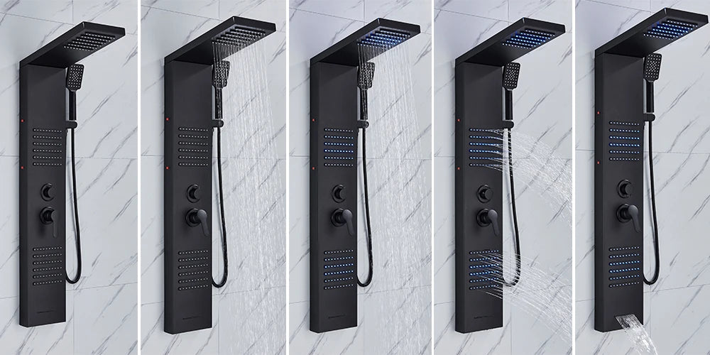 Rozin Colonne Douche Noire LED – 5 Modes dont Jets Massage & Cascade, Pluie, Affichage Digital | Panneau SPA Salle de Bain