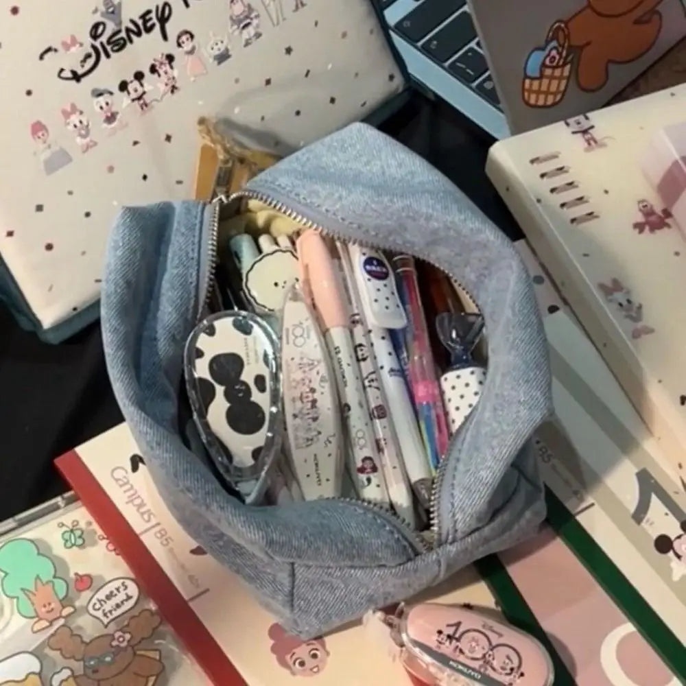 Sac Maquillage Denim Bleu Style Coréen – Trousse Voyage Vintage Zipper | Organisateur Étudiant & Crayon