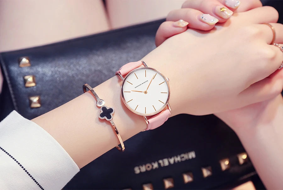 Montre Femme Luxe HANNAH MARTIN Ultra-Fine 36mm Cuir Or Rose – Étanche Élégante Fashion