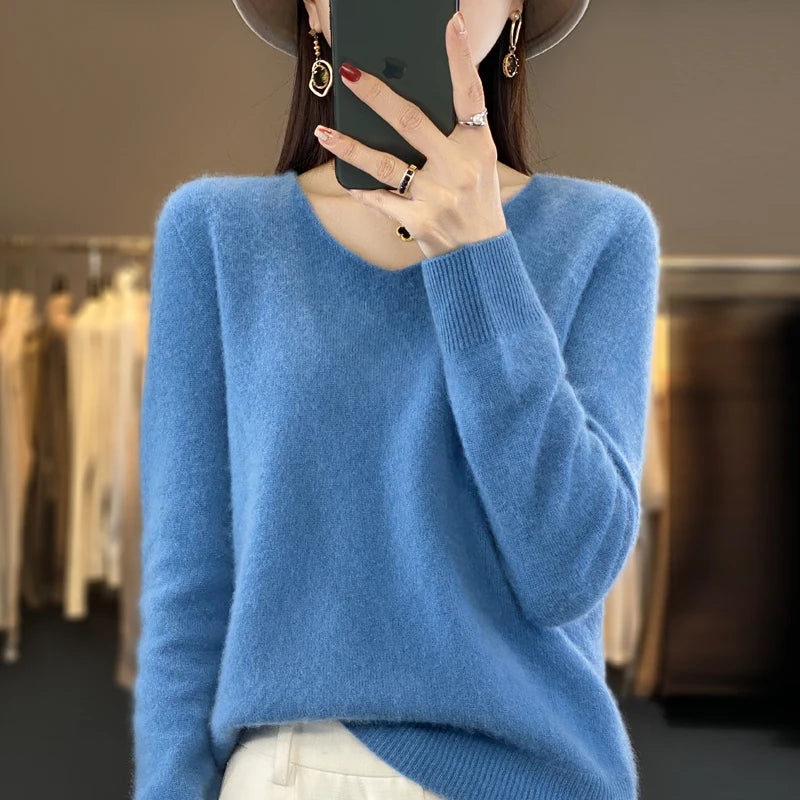 Pull Cachemire 100% Laine Col V Femme - Tricot Casual Korean Fashion Automne Hiver