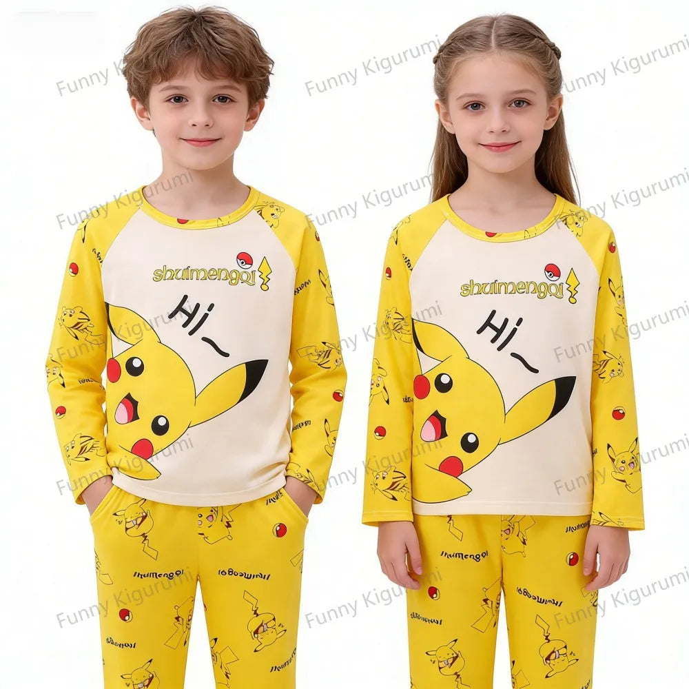 Pyjama Enfant Cartoon Pikachu – Ensemble 2 Pièces Manches Longues Garçon Fille 3-13 Ans