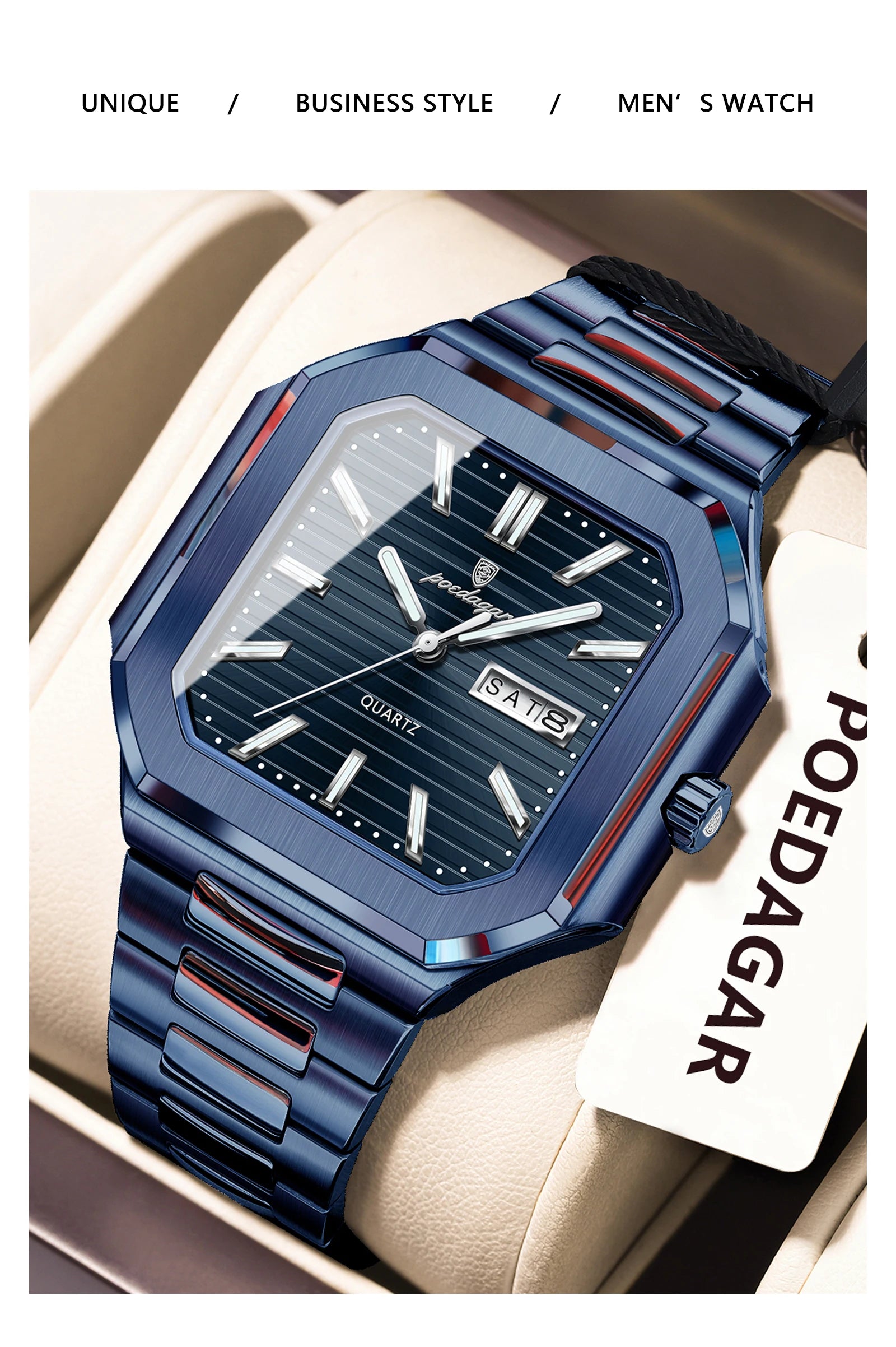 Montre Carrée Luxe Homme Poedagar – Quartz Étanche Lumineuse Date Semaine Acier Inoxydable Fashion