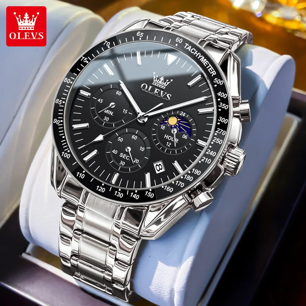Montre Homme OLEVS Chronographe Phase de Lune Quartz Bleu Acier – Étanche Lumineux Date Fashion