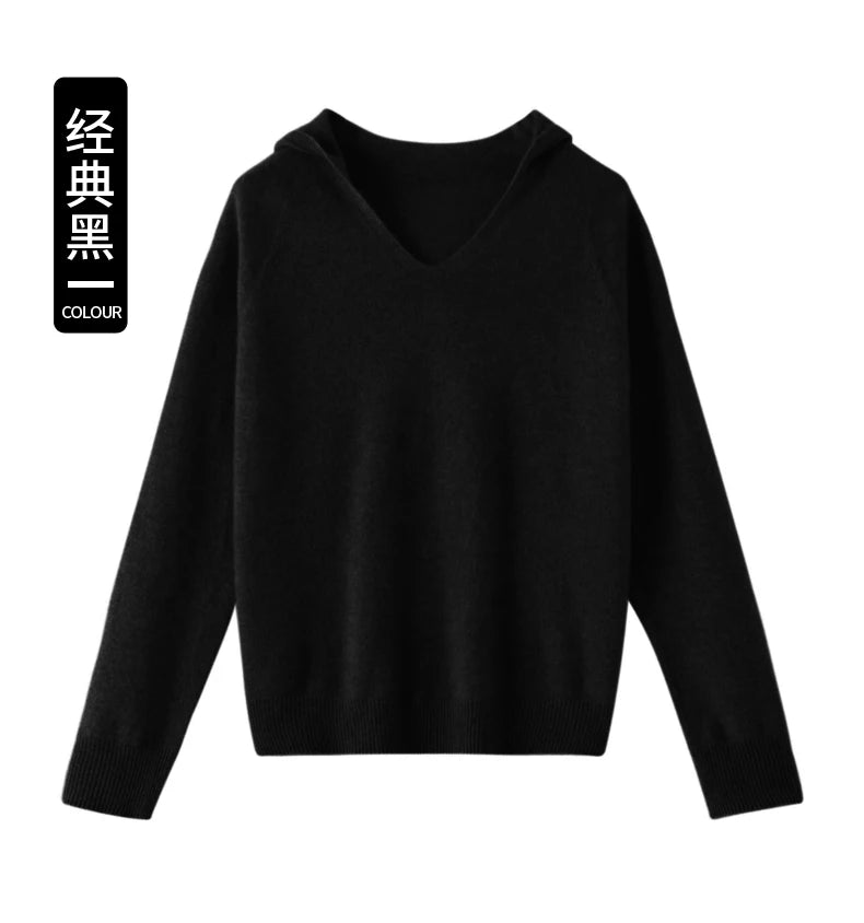 Pull Cachemire Femme 100% Laine Mérinos Col V À Capuche – Chaud Élégant Tendance | Automne Hiver
