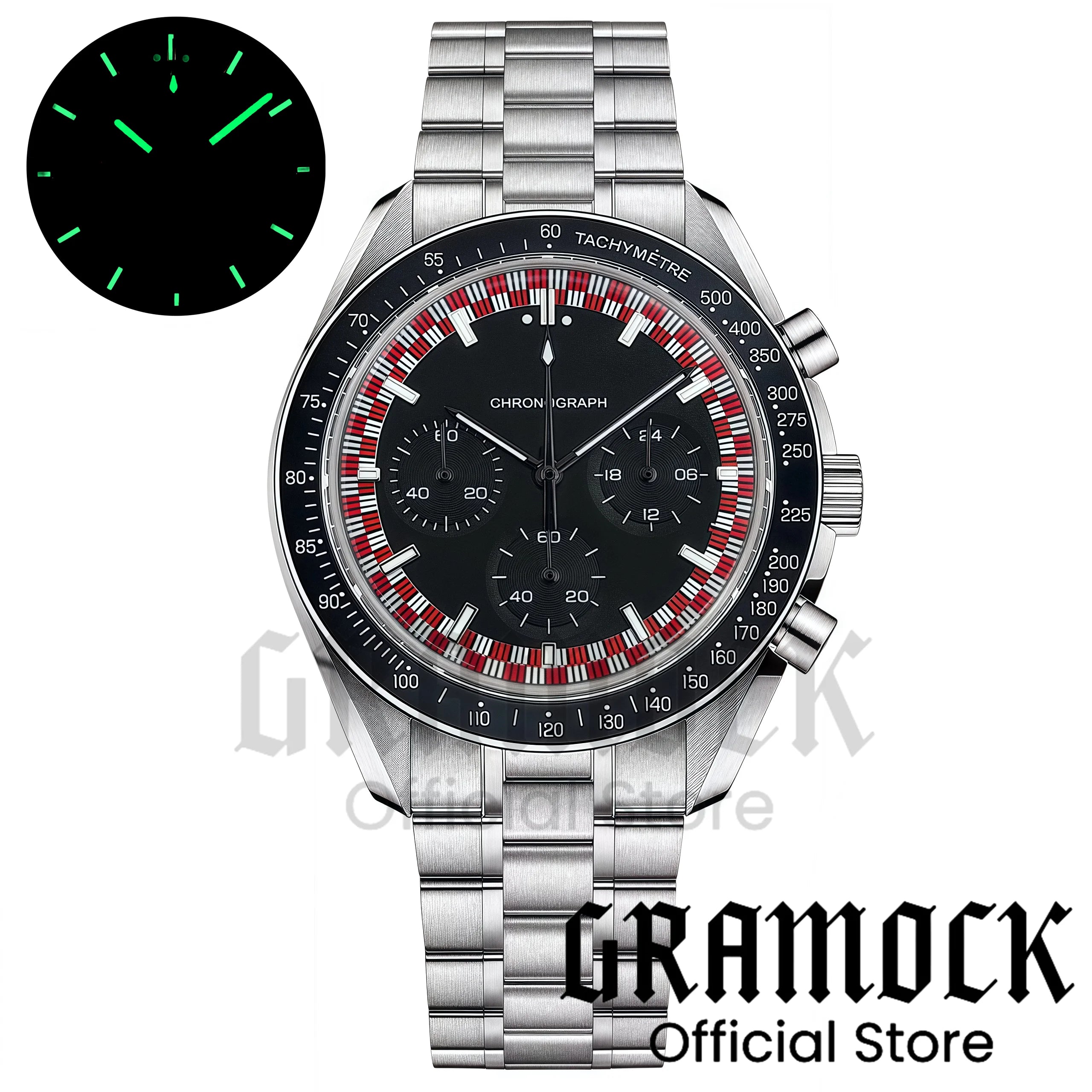 Montre Homme Gramock 40mm Quartz Moon Chronographe – Cadran Lumineux Acier Verre Minéral