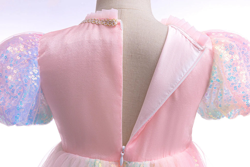Meerjungfrau Prinzessin Kleid Mädchen Pailletten Perlen Puffärmel – Faschingskostüm Halloween Cosplay