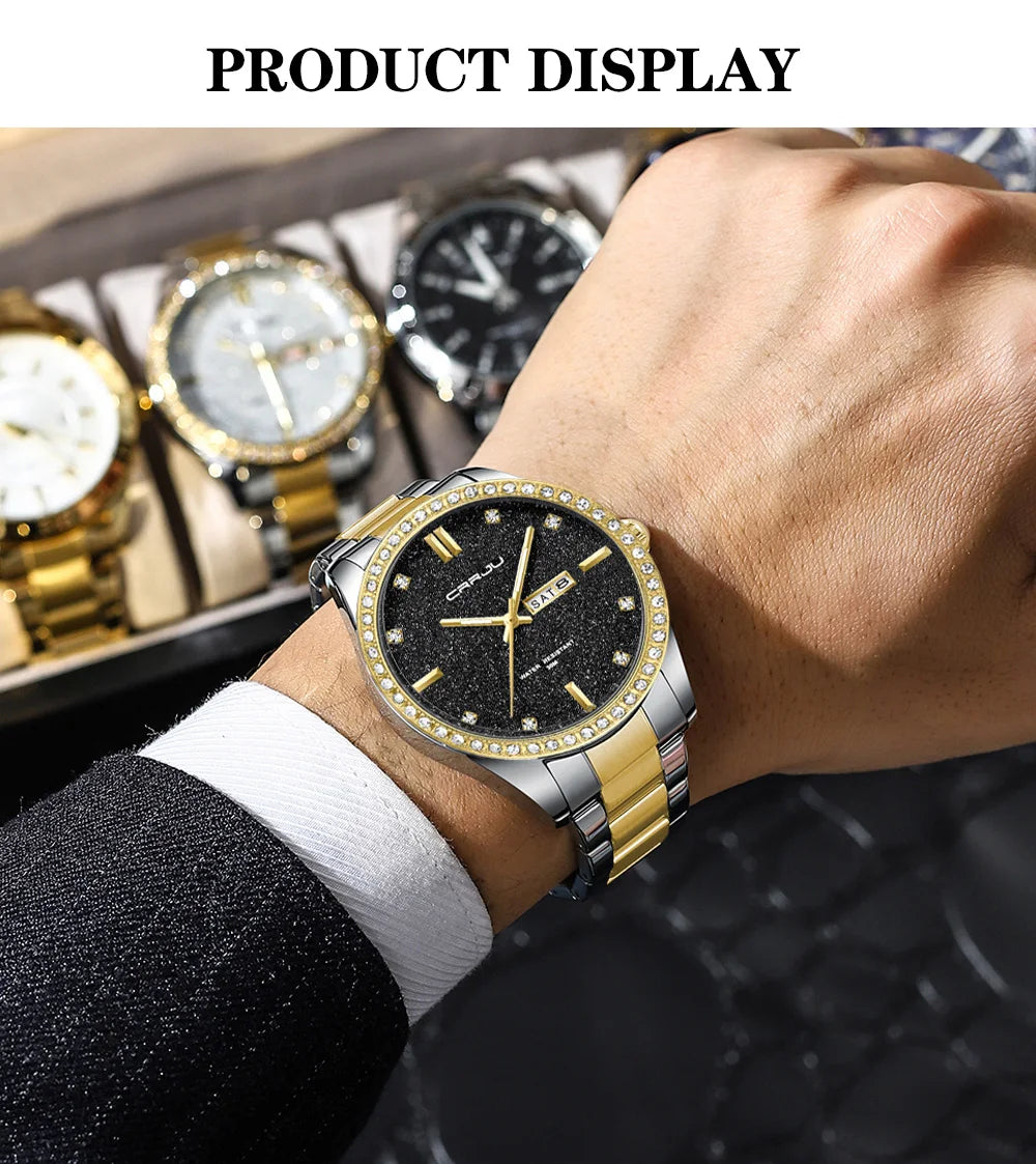 Montre Homme CRRJU Moissanite Diamant Luxe Cadran Doré Acier Inoxydable Lumineux Élégante Premium | Montre CRRJU Moissanite Diamant Luxe Premium