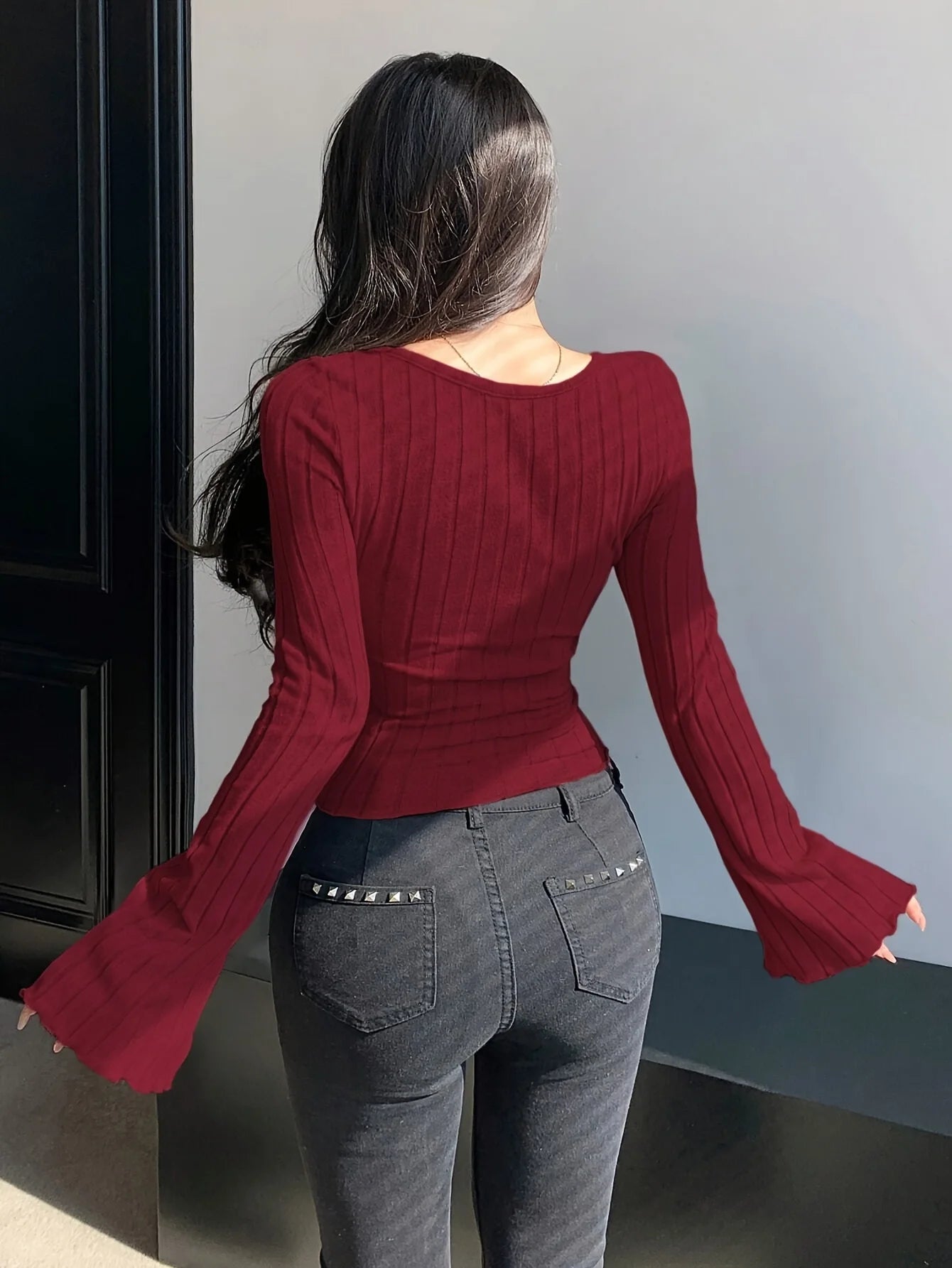 Damen Strick-Top Quadratischer Ausschnitt Langarm Überkreuzte Träger Gerippt Schmale Passform Casual – T-Shirt Streetwear Herbst Winter | Mode