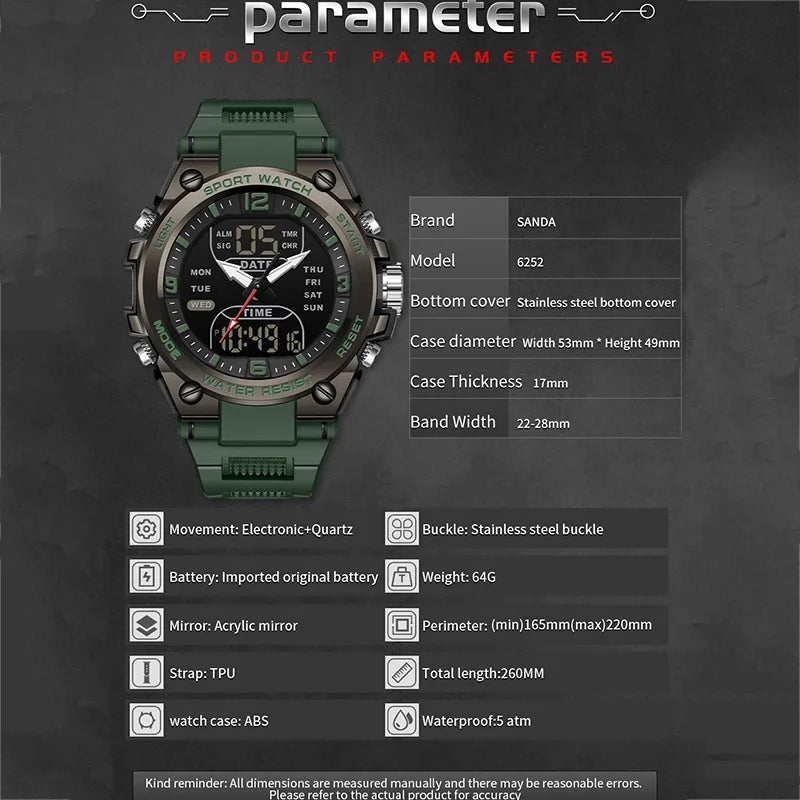 Montre Homme SANDA Militaire Tactique G-Style – LED Digital Quartz Étanche 50M Sport Luxe