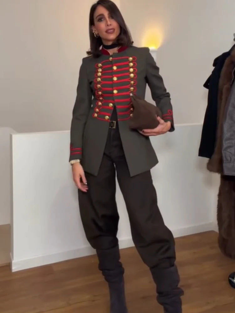 Veste Courte Femme Style Militaire Napoléon Vert Kaki Col Droit Boutonnage Simple – Chic Rétro High Street