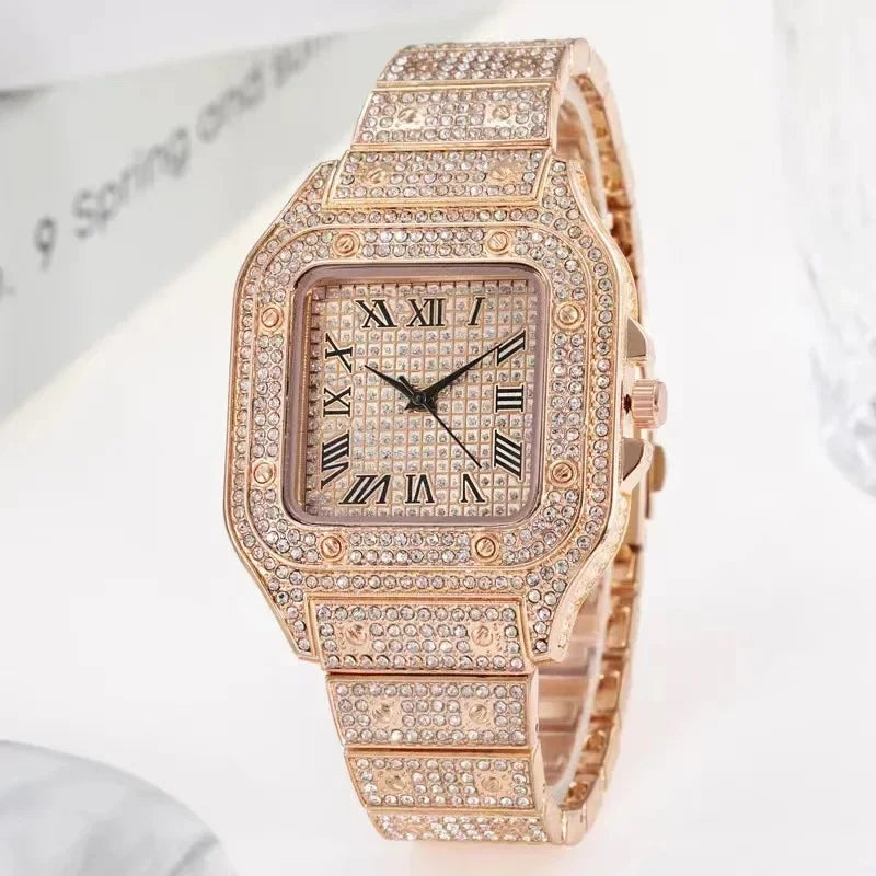 Unisex-Luxus-Diamant-Strassuhr mit goldenem Armband – Fashion Glamour Herren & Damen 2024
