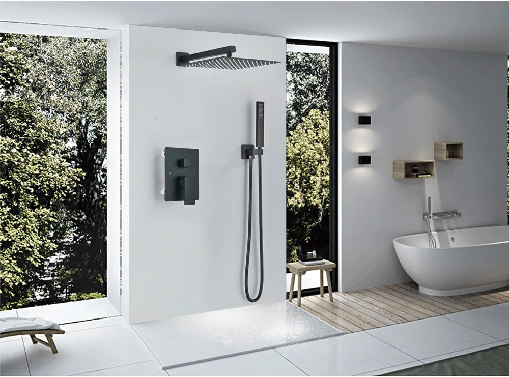 Ensemble Douche Encastré Noir Mat – 2-3 Voies, Mitigeur Caché, Pommeau Pluie | Salle de Bain Design