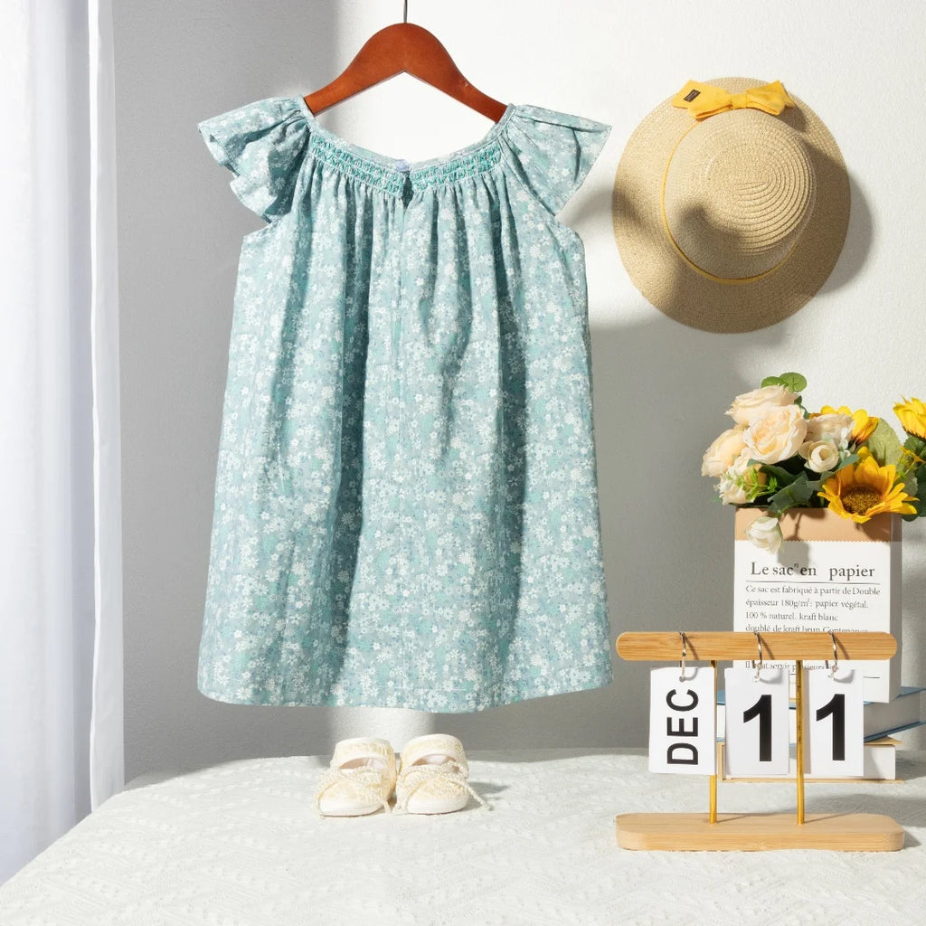 Robe Été Fille Fleurie Smockée Manches Volantes – Tenue Quotidienne Adorable 1-6 Ans