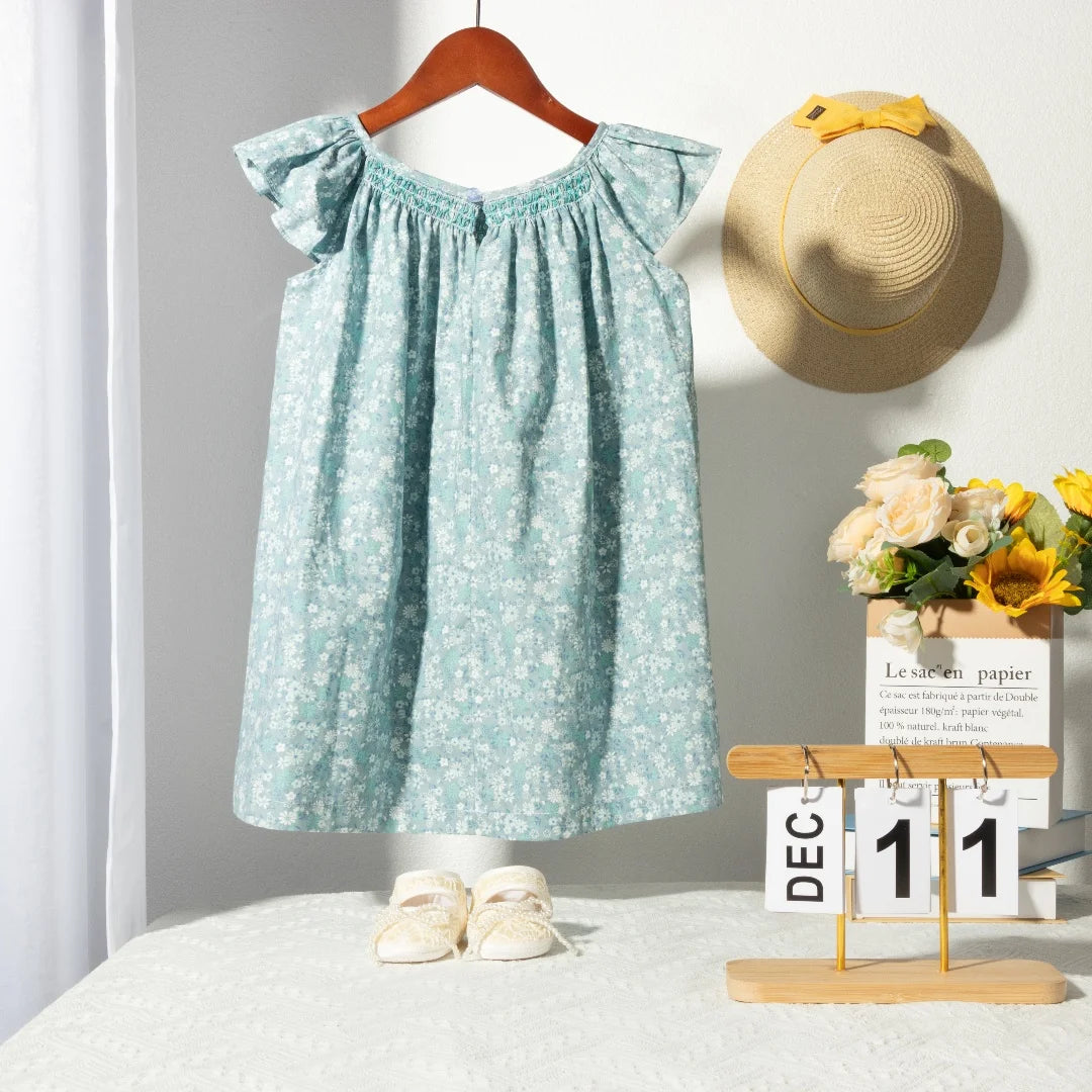 Robe Été Fille Fleurie Smockée Manches Volantes – Tenue Quotidienne Adorable 1-6 Ans