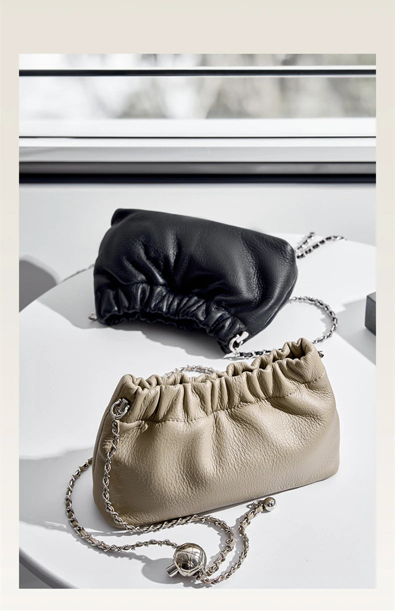 Sac Nuage Cuir Véritable Femme – Mini Sac Épaule Crossbody Chaîne Style Coréen Luxe