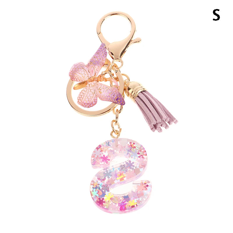Porte-Clés Lettre Initiale Sequins Femme – Pendentif Papillon Pompon Sac Voiture Bijou