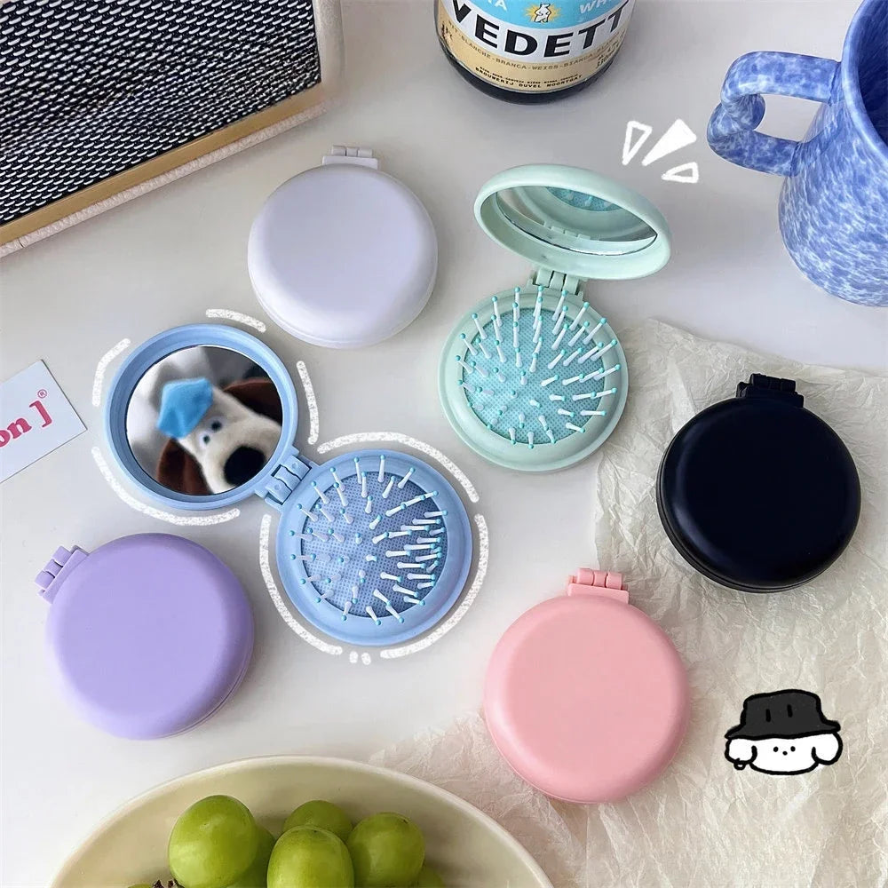Peigne Pliable avec Miroir Maquillage – Brosse Coussin d’Air Massage | Outil Coiffure Portable Femme