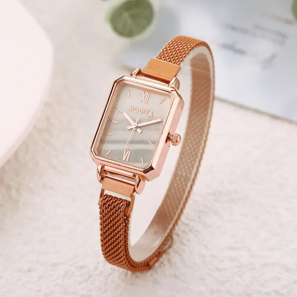 Montre Femme Luxe Carrée Quartz Maille Magnétique Or Rose – Cadran Vert Élégante Minimaliste