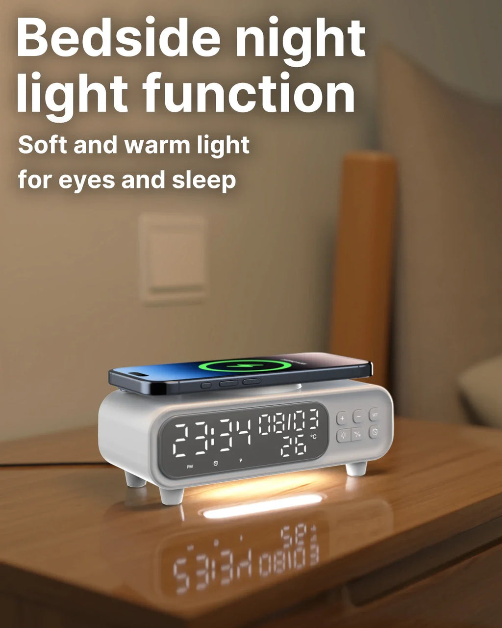 Chargeur Sans Fil 15W Horloge Alarme LED – Thermomètre Veilleuse Dock iPhone Écouteurs