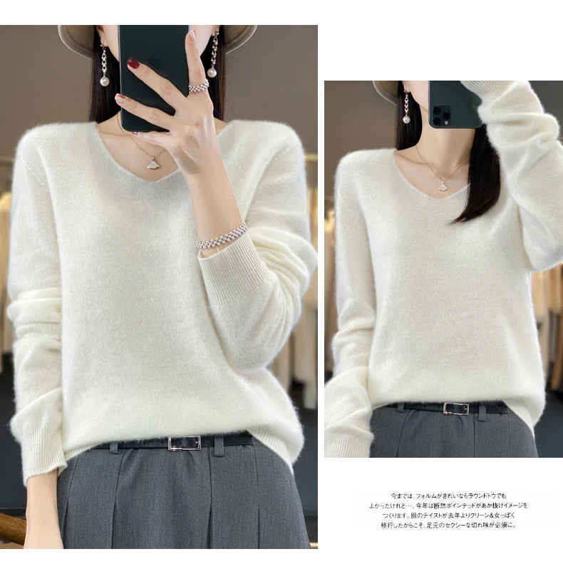 Kaschmirpullover 100% Wolle V-Ausschnitt Damen - Strick Casual Korean Fashion Herbst Winter