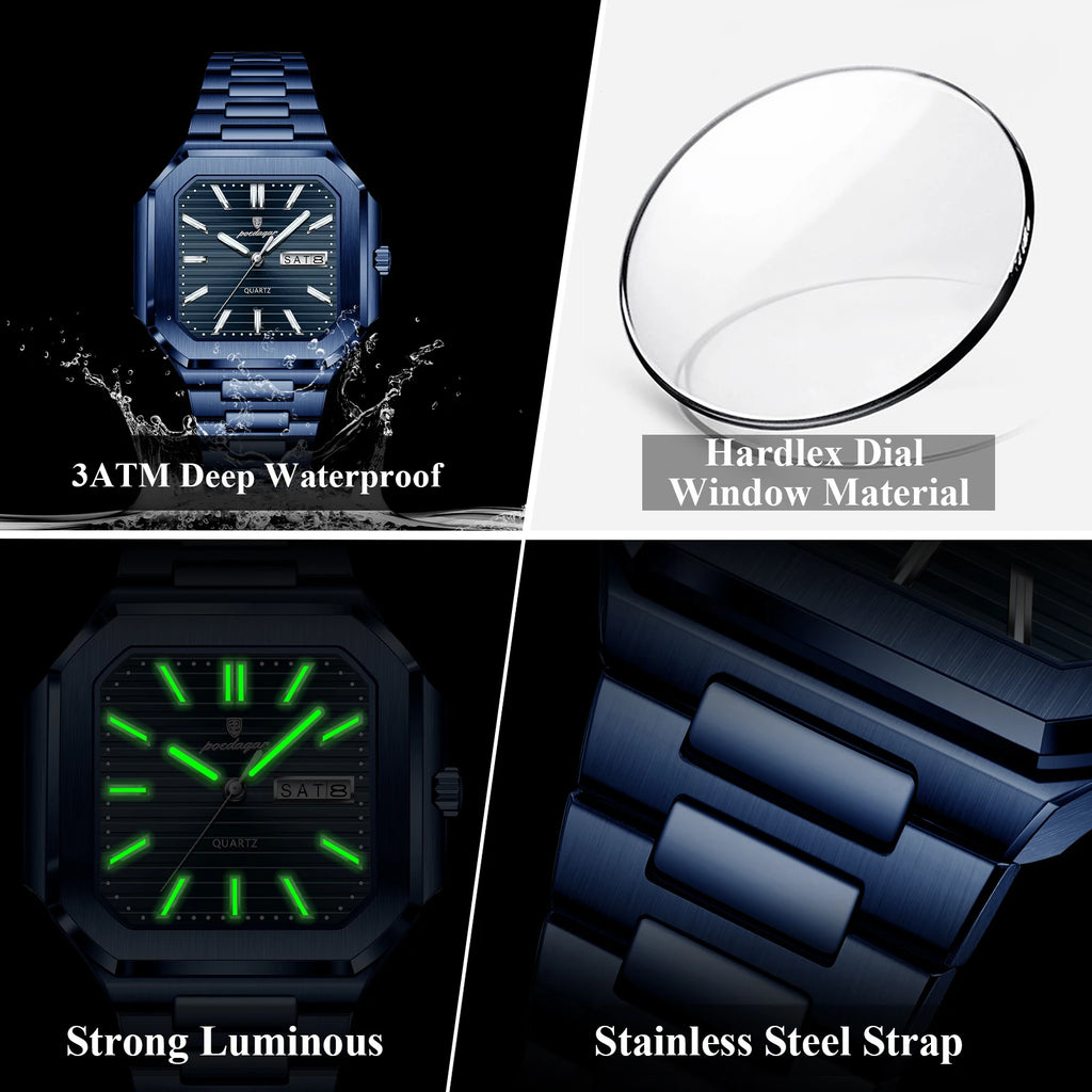Montre Carrée Luxe Homme Poedagar – Quartz Étanche Lumineuse Date Semaine Acier Inoxydable Fashion
