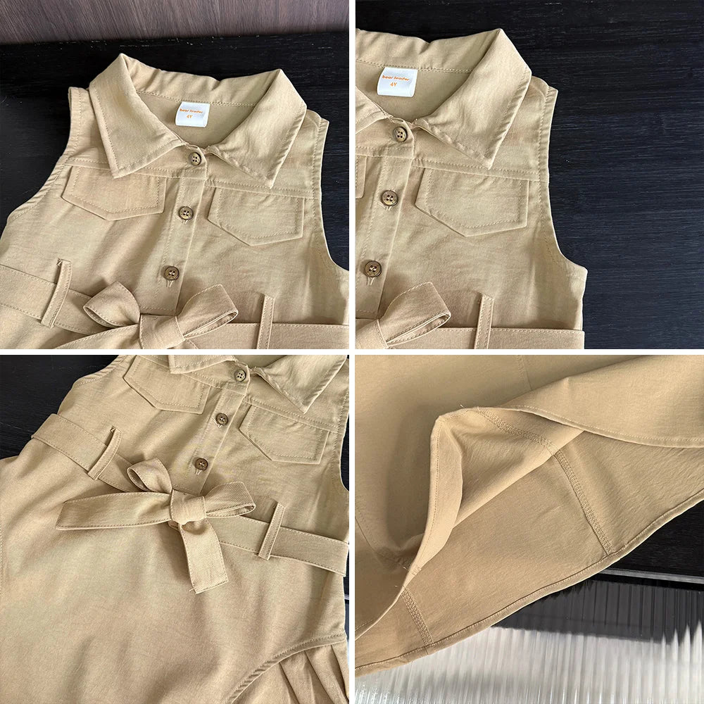 Robe Fille Été Sans Manches Couleur Unie – Tenue Casual Chic avec Ceinture Enfant