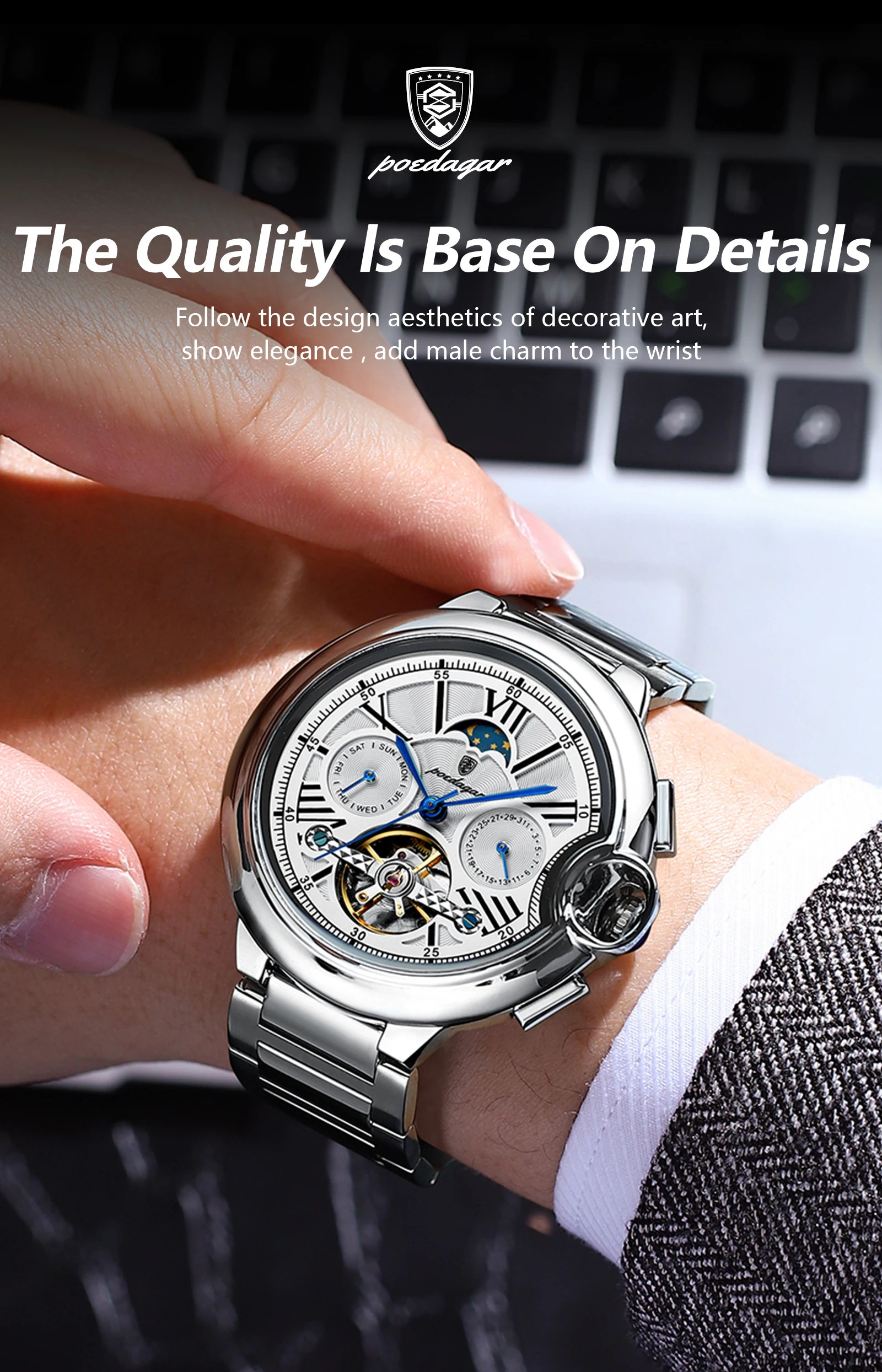 Montre Homme POEDAGAR Tourbillon Automatique Militaire – Acier Date Semaine Étanche
