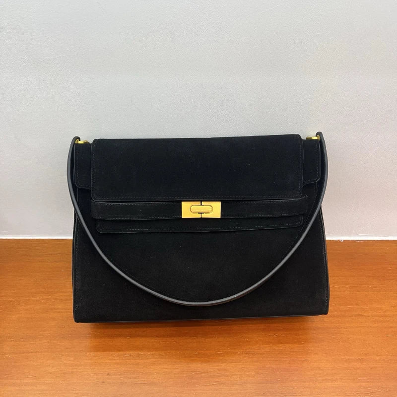 Sac Carré Femme Cuir Suède Luxe – Boucle Dorée Rétro Bandoulière Hiver Premium