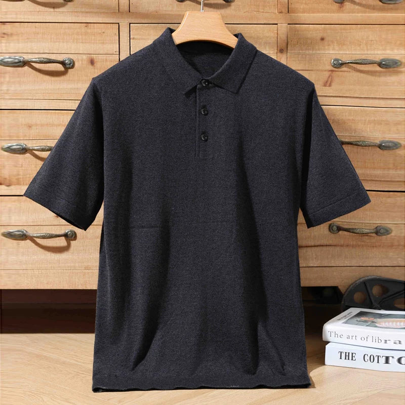 Pull Polo Homme 100% Laine Mérinos – Col Lapierre Manches Courtes Tricoté Loose Été Grande Taille