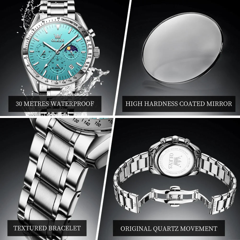 Montre Homme OLEVS Chronographe Phase de Lune Quartz Bleu Acier – Étanche Lumineux Date Fashion
