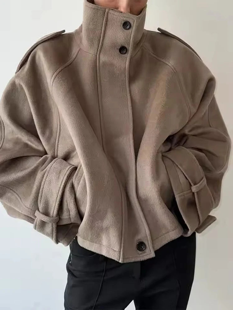 Kurzer Damenmantel aus Wolle Vintage Weit Stehkragen – Warmer Casual-Mantel | High Street | FSMG