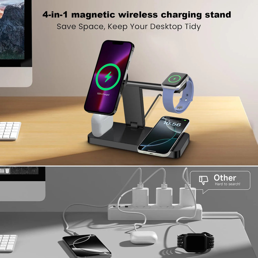 Station de Charge 4-en-1 Magnétique Verticale – iPhone 17-13 Pro Max iWatch 8 7 Sans Fil