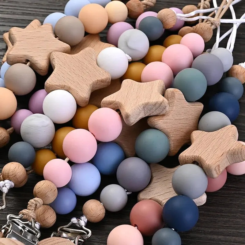 Attache-Tétine Bébé Perles Silicone & Bois Étoile – Chaîne Anneau Dentition Jouet À Mâcher Cadeau Naissance