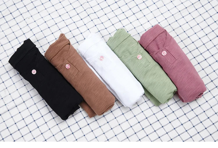 T-Shirt Slub-Baumwolle Langarm V-Ausschnitt Knöpfe - Koreanischer Stil Locker Lässig Frühling