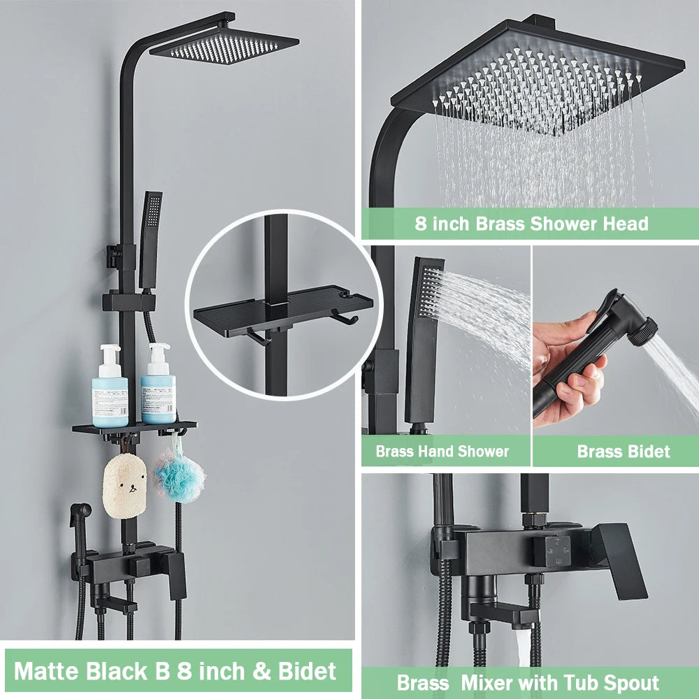 Rozin Ensemble Douche Pluie Mural Noir – Avec Bidet, Étagère & Bec Baignoire | Système Complet Laiton
