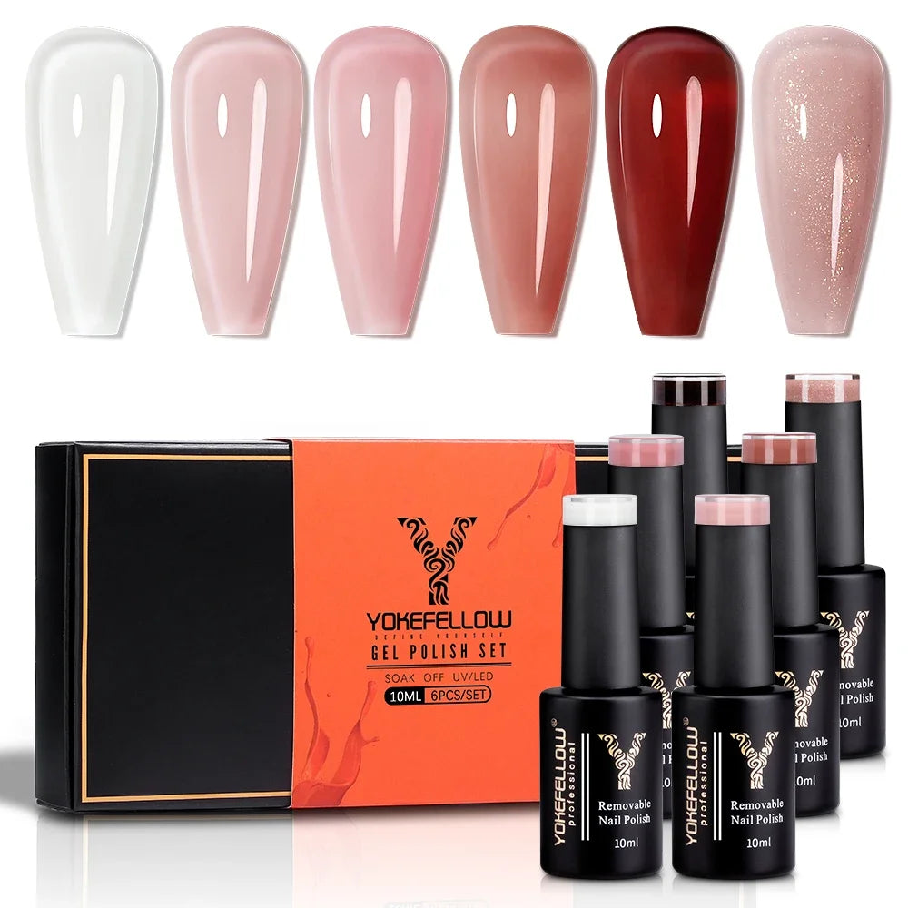 YOKEFELLOW Gel Polish Pastel Pink Glitter 6pcs – Vernis Semi-Permanent Été DIY Salon 10ML