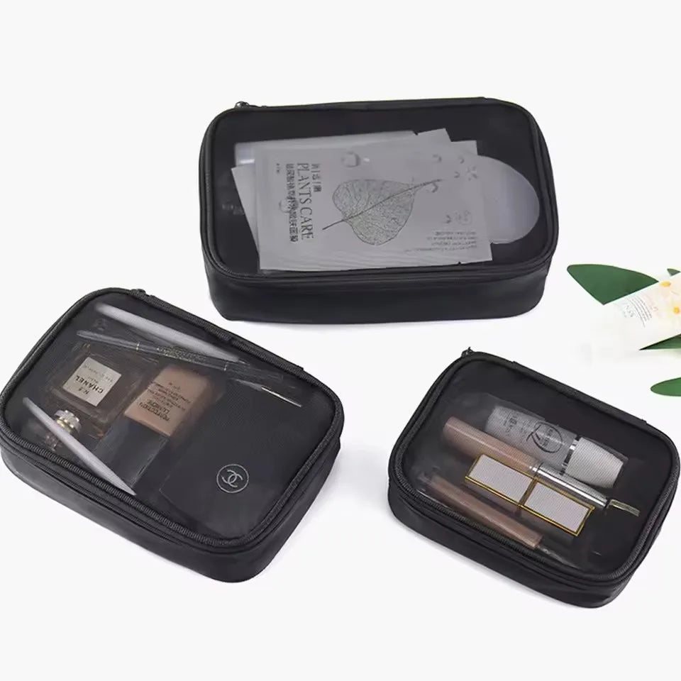 Trousse Maquillage Filet Noir Voyage – Fermeture Éclair | Organisateur Cosmétique Portable