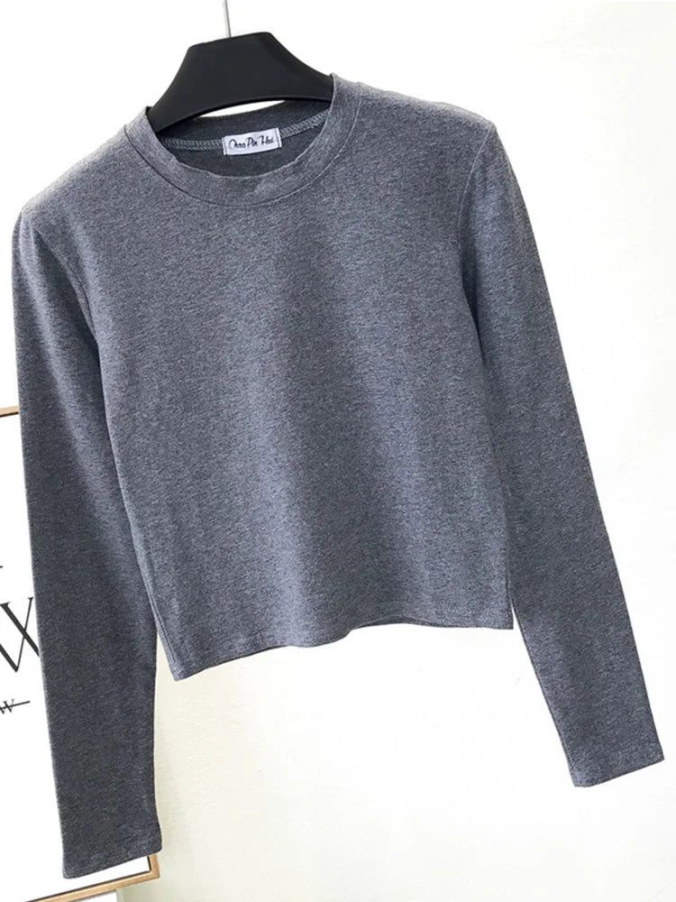 Top Femme Sexy Col Rond Manches Longues Découpe Nombril Basique – Mode Casual & Tendance | Automne